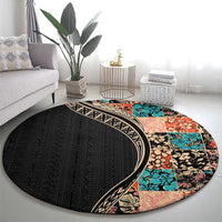 Hawaiian Hibiscus and Tropical Leaves Round Carpet Patchwork Grunge Abstract and Tapa Tribal Pattern Half Style LT03 - Polynesian Pride