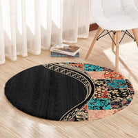 Hawaiian Hibiscus and Tropical Leaves Round Carpet Patchwork Grunge Abstract and Tapa Tribal Pattern Half Style LT03 - Polynesian Pride