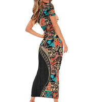 Hawaiian Hibiscus and Tropical Leaves Short Sleeve Bodycon Dress Patchwork Grunge Abstract and Tapa Tribal Pattern Half Style LT03 - Polynesian Pride