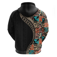 Hawaiian Hibiscus and Tropical Leaves Zip Hoodie Patchwork Grunge Abstract and Tapa Tribal Pattern Half Style