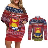 Personalised Kiribati Christmas Couples Matching Off Shoulder Short Dress and Long Sleeve Button Shirts Coat of Arms and Map Beautiful Merry Xmas Snowflake LT03 Red - Polynesian Pride