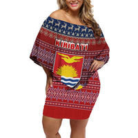 Personalised Kiribati Christmas Off Shoulder Short Dress Coat of Arms and Map Beautiful Merry Xmas Snowflake LT03 Women Red - Polynesian Pride
