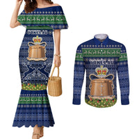Tokelau Christmas Couples Matching Mermaid Dress and Long Sleeve Button Shirts Coat of Arms and Map Beautiful Merry Xmas Snowflake LT03 Blue - Polynesian Pride