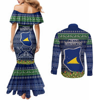 Tokelau Christmas Couples Matching Mermaid Dress and Long Sleeve Button Shirts Coat of Arms and Map Beautiful Merry Xmas Snowflake LT03 - Polynesian Pride