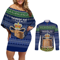 Tokelau Christmas Couples Matching Off Shoulder Short Dress and Long Sleeve Button Shirts Coat of Arms and Map Beautiful Merry Xmas Snowflake LT03 Blue - Polynesian Pride