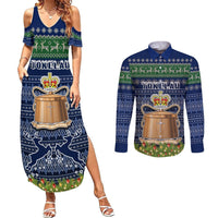 Tokelau Christmas Couples Matching Summer Maxi Dress and Long Sleeve Button Shirts Coat of Arms and Map Beautiful Merry Xmas Snowflake LT03 Blue - Polynesian Pride