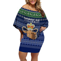 Tokelau Christmas Off Shoulder Short Dress Coat of Arms and Map Beautiful Merry Xmas Snowflake LT03 Women Blue - Polynesian Pride