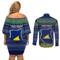 Personalised Tokelau Christmas Couples Matching Off Shoulder Short Dress and Long Sleeve Button Shirts Coat of Arms and Map Beautiful Merry Xmas Snowflake LT03 - Polynesian Pride