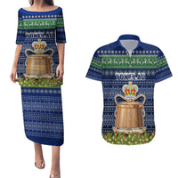 Personalised Tokelau Christmas Couples Matching Puletasi Dress and Hawaiian Shirt Coat of Arms and Map Beautiful Merry Xmas Snowflake LT03 Blue - Polynesian Pride