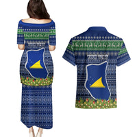 Personalised Tokelau Christmas Couples Matching Puletasi Dress and Hawaiian Shirt Coat of Arms and Map Beautiful Merry Xmas Snowflake LT03 - Polynesian Pride