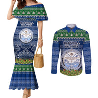Personalised Marshall Islands Christmas Couples Matching Mermaid Dress and Long Sleeve Button Shirts Coat of Arms and Map Beautiful Merry Xmas Snowflake LT03 Blue - Polynesian Pride