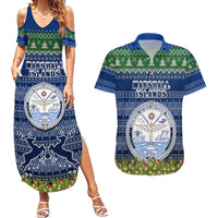 Personalised Marshall Islands Christmas Couples Matching Summer Maxi Dress and Hawaiian Shirt Coat of Arms and Map Beautiful Merry Xmas Snowflake LT03 Blue - Polynesian Pride