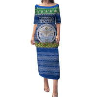 Personalised Marshall Islands Christmas Puletasi Coat of Arms and Map Beautiful Merry Xmas Snowflake LT03 Long Dress Blue - Polynesian Pride