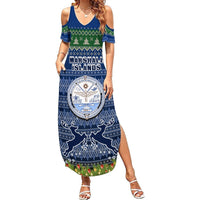 Personalised Marshall Islands Christmas Summer Maxi Dress Coat of Arms and Map Beautiful Merry Xmas Snowflake LT03 Women Blue - Polynesian Pride