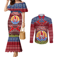 Personalised French Polynesia Christmas Couples Matching Mermaid Dress and Long Sleeve Button Shirts Coat of Arms and Map Beautiful Merry Xmas Snowflake LT03 Red - Polynesian Pride