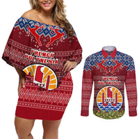 Personalised French Polynesia Christmas Couples Matching Off Shoulder Short Dress and Long Sleeve Button Shirts Coat of Arms and Map Beautiful Merry Xmas Snowflake LT03 Red - Polynesian Pride