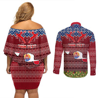 Personalised French Polynesia Christmas Couples Matching Off Shoulder Short Dress and Long Sleeve Button Shirts Coat of Arms and Map Beautiful Merry Xmas Snowflake LT03 - Polynesian Pride