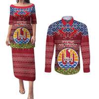 Personalised French Polynesia Christmas Couples Matching Puletasi Dress and Long Sleeve Button Shirts Coat of Arms and Map Beautiful Merry Xmas Snowflake LT03 Red - Polynesian Pride