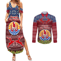 Personalised French Polynesia Christmas Couples Matching Summer Maxi Dress and Long Sleeve Button Shirts Coat of Arms and Map Beautiful Merry Xmas Snowflake LT03 Red - Polynesian Pride