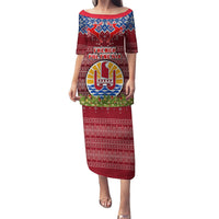 Personalised French Polynesia Christmas Puletasi Coat of Arms and Map Beautiful Merry Xmas Snowflake LT03 Long Dress Red - Polynesian Pride