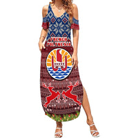 Personalised French Polynesia Christmas Summer Maxi Dress Coat of Arms and Map Beautiful Merry Xmas Snowflake LT03 Women Red - Polynesian Pride