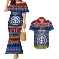 Personalised Northern Mariana Islands Christmas Couples Matching Mermaid Dress and Hawaiian Shirt Coat of Arms and Map Beautiful Merry Xmas Snowflake LT03 Blue - Polynesian Pride