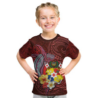 Tonga Humpback Whale Kid T Shirt National Seal with Hibiscus and Polynesian Tattoo LT03 Red - Polynesian Pride