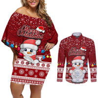 Palau Christmas Couples Matching Off Shoulder Short Dress and Long Sleeve Button Shirt Snowman and Palau Coat of Arms Maori Tribal Xmas Style LT03 Red - Polynesian Pride