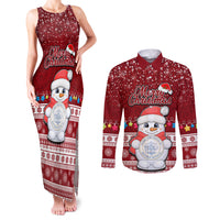 Palau Christmas Couples Matching Tank Maxi Dress and Long Sleeve Button Shirt Snowman and Palau Coat of Arms Maori Tribal Xmas Style LT03 Red - Polynesian Pride