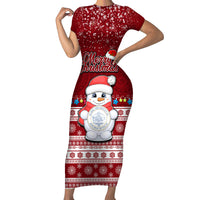 Palau Christmas Short Sleeve Bodycon Dress Snowman and Palau Coat of Arms Maori Tribal Xmas Style LT03 Long Dress Red - Polynesian Pride