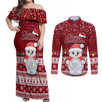 Personalised Palau Christmas Couples Matching Off Shoulder Maxi Dress and Long Sleeve Button Shirt Snowman and Palau Coat of Arms Maori Tribal Xmas Style LT03 Red - Polynesian Pride