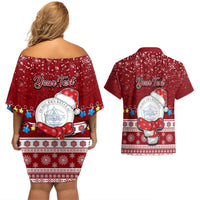Personalised Palau Christmas Couples Matching Off Shoulder Short Dress and Hawaiian Shirt Snowman and Palau Coat of Arms Maori Tribal Xmas Style LT03 - Polynesian Pride