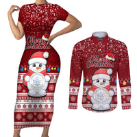 Personalised Palau Christmas Couples Matching Short Sleeve Bodycon Dress and Long Sleeve Button Shirt Snowman and Palau Coat of Arms Maori Tribal Xmas Style LT03 Red - Polynesian Pride
