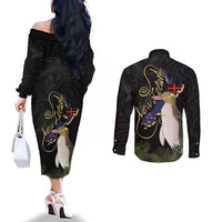 New Zealand Hoiho Couples Matching Off The Shoulder Long Sleeve Dress and Long Sleeve Button Shirt Maori Art Tattoo and Silver Fern