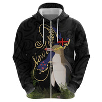 New Zealand Hoiho Zip Hoodie Maori Art Tattoo and Silver Fern