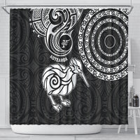 New Zealand Shower Curtain Stylized Kiwi Bird Tattoo Mix Koru Circle and Maori Ethnic Vibe LT03 - Polynesian Pride