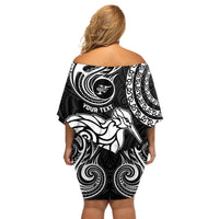 Personalised New Zealand Off Shoulder Short Dress Stylized Kiwi Bird Tattoo Mix Koru Circle and Maori Ethnic Vibe LT03 - Polynesian Pride