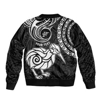 Personalised New Zealand Sleeve Zip Bomber Jacket Stylized Kiwi Bird Tattoo Mix Koru Circle and Maori Ethnic Vibe LT03 - Polynesian Pride