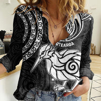 Personalised New Zealand Women Casual Shirt Stylized Kiwi Bird Tattoo Mix Koru Circle and Maori Ethnic Vibe LT03 Female Black - Polynesian Pride