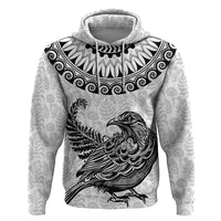 Custom New Zealand Hoodie Tui Bird and Koru Circle Mix Silver Fern Pattern LT03 Pullover Hoodie White - Polynesian Pride