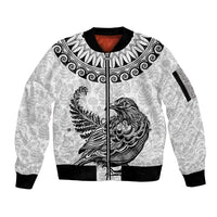 Custom New Zealand Sleeve Zip Bomber Jacket Tui Bird and Koru Circle Mix Silver Fern Pattern LT03 Unisex White - Polynesian Pride