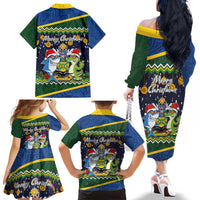 Funny Crocodile and Shark Solomon Islands Christmas Family Matching Off The Shoulder Long Sleeve Dress and Hawaiian Shirt with National Seal Melanesian Pattern