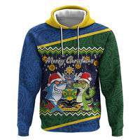 Funny Crocodile and Shark Solomon Islands Christmas Hoodie with National Seal Melanesian Pattern