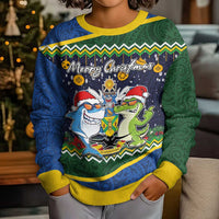 Solomon Islands Christmas Kid Ugly Christmas Sweater Funny Xmas Crocodile and Shark with National Seal Melanesian Pattern
