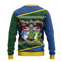 Solomon Islands Christmas Ugly Christmas Sweater Funny Xmas Crocodile and Shark with National Seal Melanesian Pattern