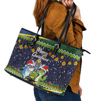 Funny Crocodile and Shark Solomon Islands Christmas Leather Tote Bag with National Seal Melanesian Pattern