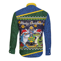Funny Crocodile and Shark Solomon Islands Christmas Long Sleeve Button Shirt with National Seal Melanesian Pattern