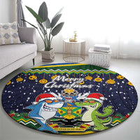Funny Crocodile and Shark Solomon Islands Christmas Round Carpet with National Seal Melanesian Pattern