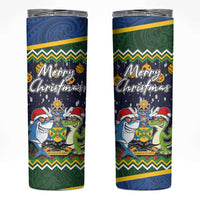 Funny Crocodile and Shark Solomon Islands Christmas Skinny Tumbler with National Seal Melanesian Pattern LT03 Blue - Polynesian Pride