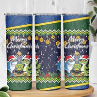 Funny Crocodile and Shark Solomon Islands Christmas Skinny Tumbler with National Seal Melanesian Pattern LT03 - Polynesian Pride